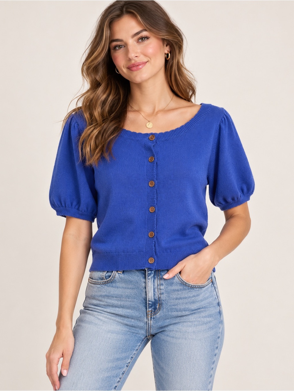 Zenana Royal Blue Puff Sleeve Button-Down Top